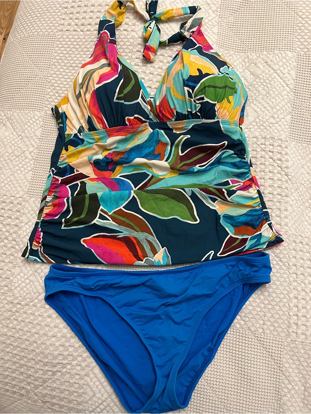 La Blanca Multicolor Floral Halter Tankini with Royal Blue Bottoms 12